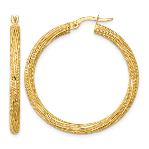 10K Yellow Gold Polished and Textured Twisted Tube Hoop Earrings, 35 mm
