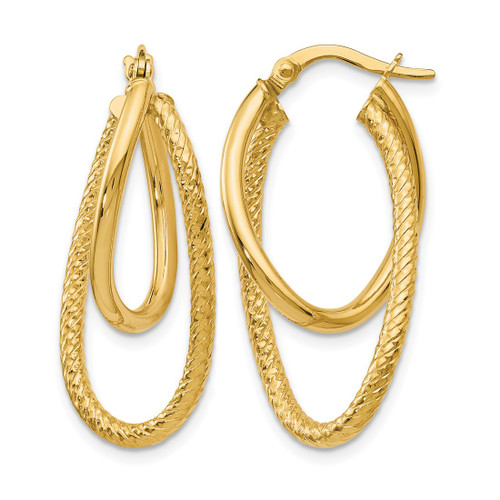 10K Yellow Gold Hollow Polished and Textured Hinged Hoop Earrings, 28 mm