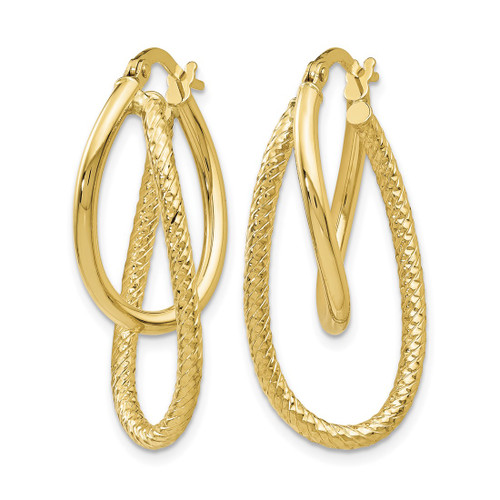 10K Yellow Gold Hollow Polished and Textured Hinged Hoop Earrings, 28 mm - View 2