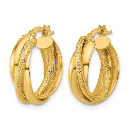 10K Yellow Gold Polished and Textured Round Hoop Earrings, 18 mm - View 2