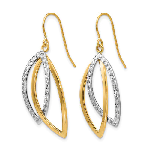 Rhodium-Plated 10K Two-Tone Gold Polished / Textured Shepherd Hook Drop French Wire Earrings, 37 mm - View 2