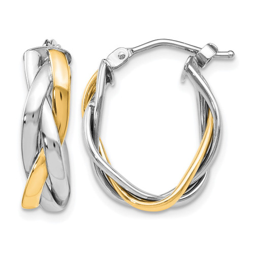 10K Yellow Gold Hollow with White Rhodium Plating Braided Hoop Earrings, 21 mm