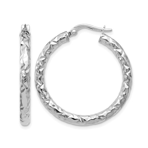 Rhodium-Plated 10K White Gold Hollow ForeverLite White Gold Polished and Textured Hoop Earrings, 30 mm