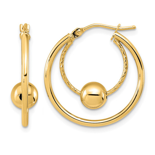 10K Yellow Gold Hollow Polished Textured with 6 mm Ball Hoop Earrings, 23 mm Long