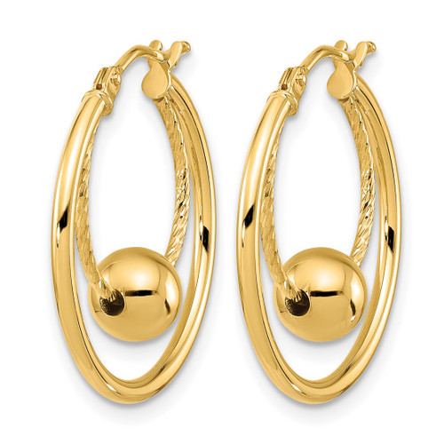 10K Yellow Gold Hollow Polished Textured with 6 mm Ball Hoop Earrings, 23 mm Long - View 2