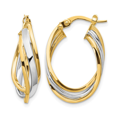 10K Yellow Gold Hollow with White Rhodium Polished Oval Hoop Earrings, 25 mm