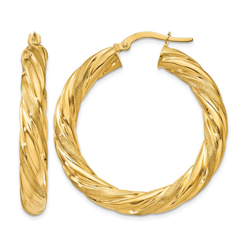 10K Yellow Gold Hollow 5 mm Satin & Polished Twisted Hoop Earrings, 25 mm Long