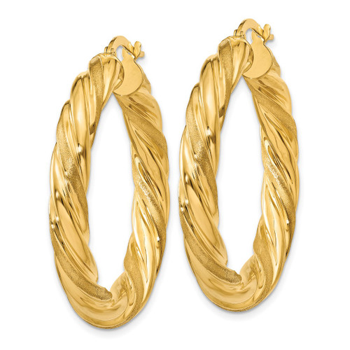10K Yellow Gold Hollow 5 mm Satin & Polished Twisted Hoop Earrings, 25 mm Long - View 2