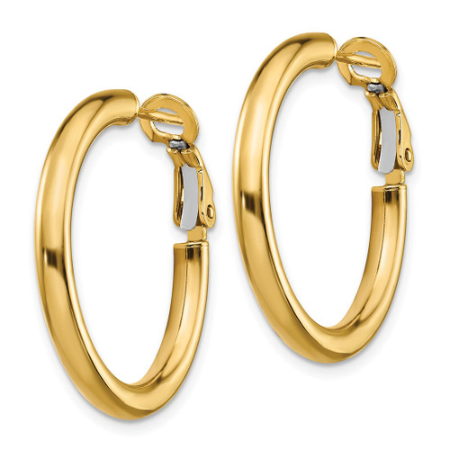 10K Yellow Gold Hollow 3 x 20 mm Polished Round Omega Back Hoop Earrings, 25 mm Long - View 2
