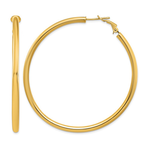 10K Yellow Gold Hollow 3 x 57 mm Polished Round Omega Back Hoop Earrings