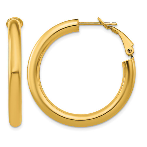 10K Yellow Gold Hollow 4 x 25 mm Polished Round Omega Back Hoop Earrings, 33.5 mm Long