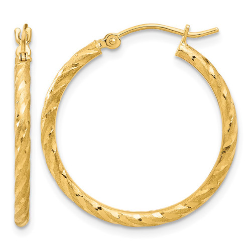 10K Yellow Gold Hollow Polished and Satin Diamond-Cut 2.05 mm Hoop Earrings, 25 mm Long