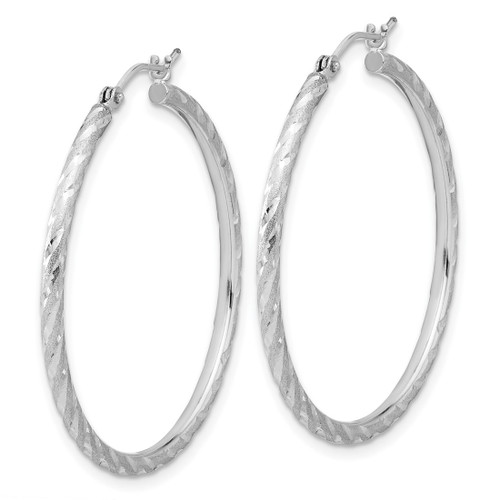 Rhodium-Plated 10K White Gold Hollow Polished and Satin Diamond-Cut 2.00 mm Hoop Earrings, 35 mm Long - View 2