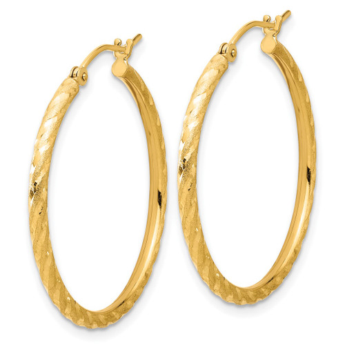 10K Yellow Gold Hollow Polished and Satin Diamond-Cut 2.00 mm Hoop Earrings, 30 mm Long - View 2