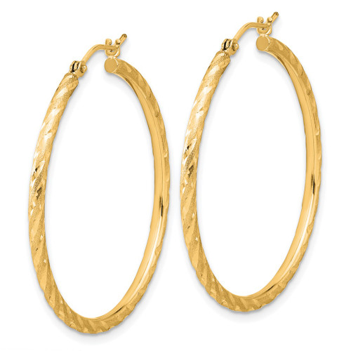 10K Yellow Gold Hollow Polished and Satin Diamond-Cut 2.00 mm Hoop Earrings, 35 mm Long - View 2