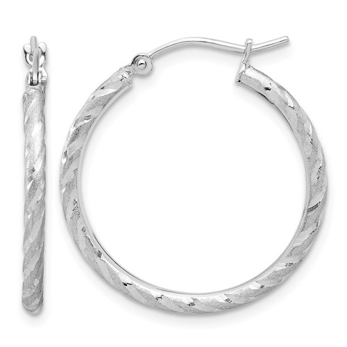 Rhodium-Plated 10K White Gold Hollow Polished and Satin Diamond-Cut 2.00 mm Hoop Earrings, 25 mm Long