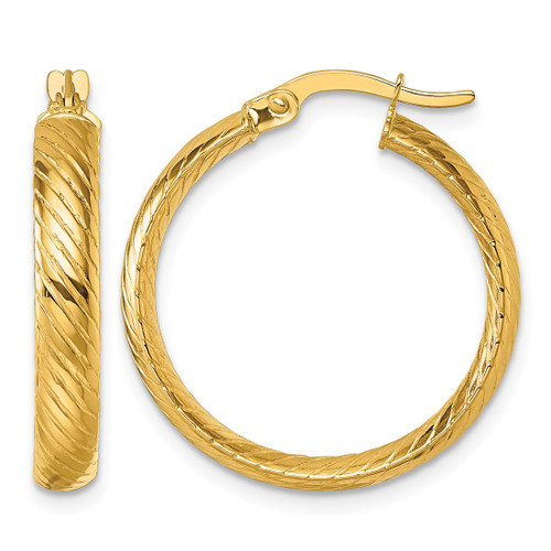 10K Yellow Gold Polished 3.80 x 23 mm Twist Textured Tube Hoop Earrings, 25 mm Long