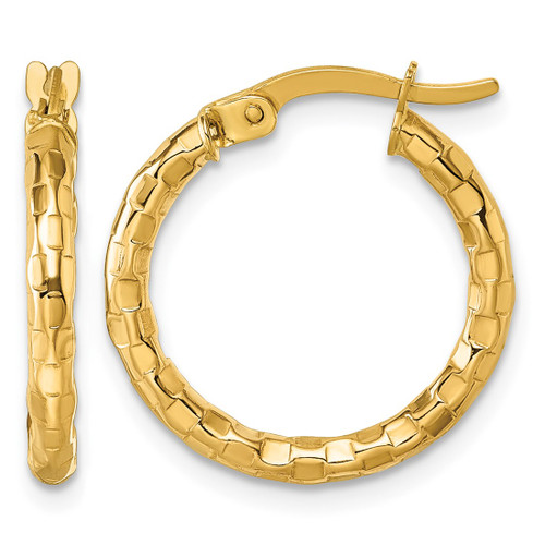 10K Yellow Gold Hollow Polished and Textured 2.50 x 19 mm Tube Hoop Earrings, 20 mm Long