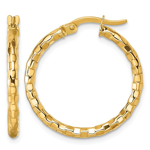 10K Yellow Gold Hollow Polished and Textured 2.50 x 24 mm Tube Hoop Earrings, 25 mm Long
