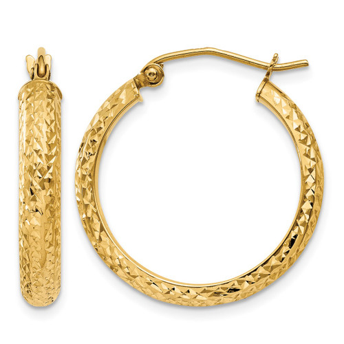 Rhodium-Plated 10K Yellow Gold Hollow Diamond-Cut 3.5 x 22 mm Hollow Hoop Earrings