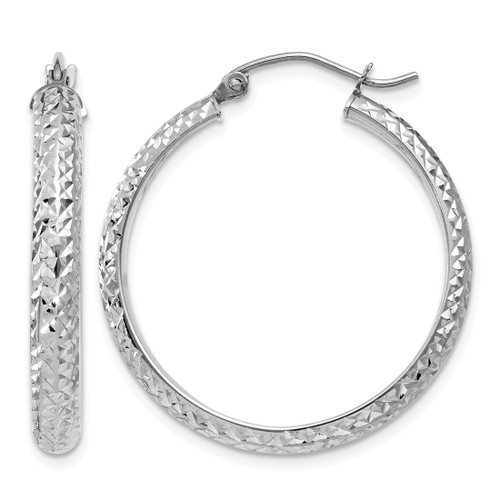 Rhodium-Plated 10K White Gold Diamond-Cut 3.5 x 28 mm Hollow Hoop Earrings