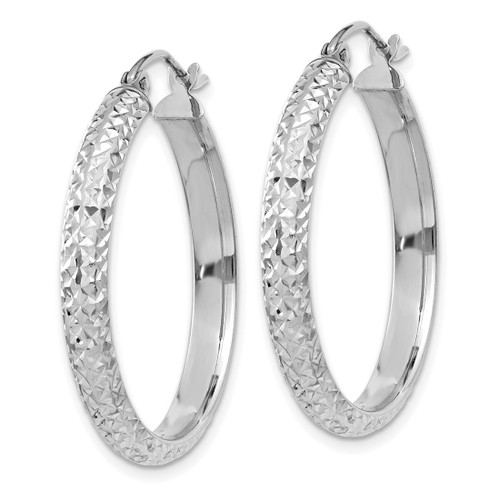 Rhodium-Plated 10K White Gold Diamond-Cut 3.5 x 28 mm Hollow Hoop Earrings - View 2