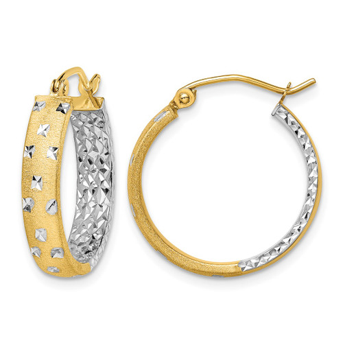 10K Yellow Gold Hollow with White Rhodium Satin Polished Diamond-Cut In/Out Hoop Earrings, 18 mm