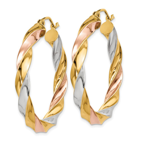 10K Tri-Color Gold Hollow Light Twisted Hoop Earrings, 33 mm - View 2