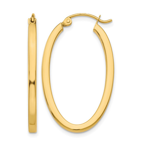 10K Yellow Gold Hollow 2 mm Oval Hoop Earrings, 30 mm Long