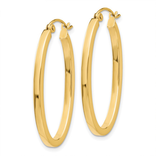 10K Yellow Gold Hollow 2 mm Oval Hoop Earrings, 30 mm Long - View 2