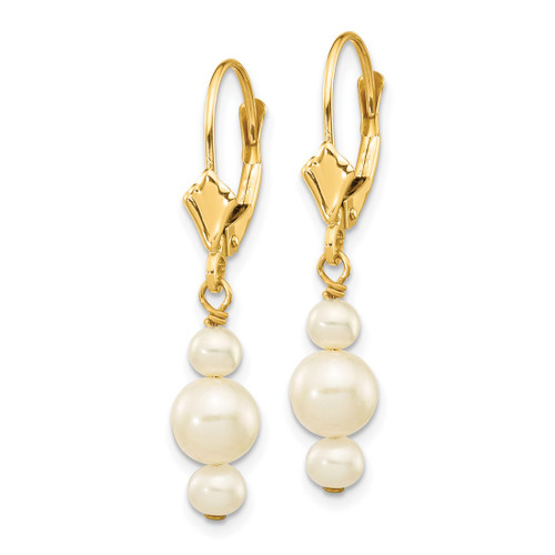 10K Yellow Gold 3-3.5 mm and 5-5.5 mm White Semi-Round Cultured Freshwater Pearl Leverback Dangle Earrings, 30 mm Long - View 2