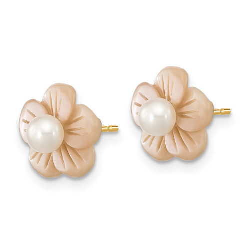 10K Yellow Gold 3-4 mm White Round Cultured Freshwater Pearl and Pink Mother of Pearl Flower Stud Earrings, 10 mm Long - View 2