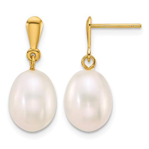 10K Yellow Gold Polished 8-9 mm Rice White Cultured Freshwater Pearl Dangle Earrings, 18 mm Long