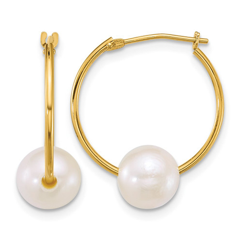 10K Yellow Gold Polished 7-8 mm Semi-Round White Cultured Freshwater Pearl Hoop Earrings, 19 mm Long