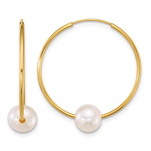 10K Yellow Gold Polished 6-7 mm Semi-Round Cultured Freshwater Pearl Endless Hoop Earrings, 26 mm Long