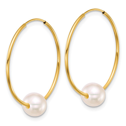 10K Yellow Gold Polished 6-7 mm Semi-Round Cultured Freshwater Pearl Endless Hoop Earrings, 26 mm Long - View 2