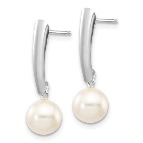 Rhodium-Plated 10K White Gold 6-7 mm Round White Cultured Freshwater Pearl Post Dangle Earrings, 22 mm Long - View 2