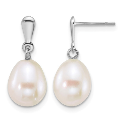 Rhodium-Plated 10K White Gold Polished 8-9 mm Rice White Cultured Freshwater Pearl Dangle Earrings, 18 mm Long