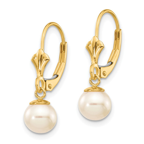 10K Yellow Gold 6-7 mm White Round Cultured Freshwater Pearl Leverback Drop Earrings, 22.5 mm Long - View 2