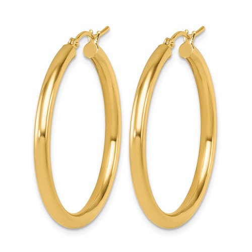 14K Yellow Gold Hollow Polished Hoop Earrings, 35 mm, 3 mm Wide - View 2