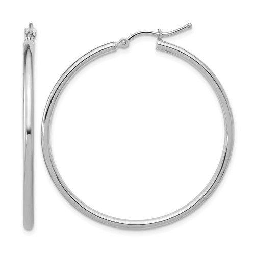 Rhodium-Plated 14K White Gold Hollow 2 x 40 mm Polished Hinged Hoop Earrings