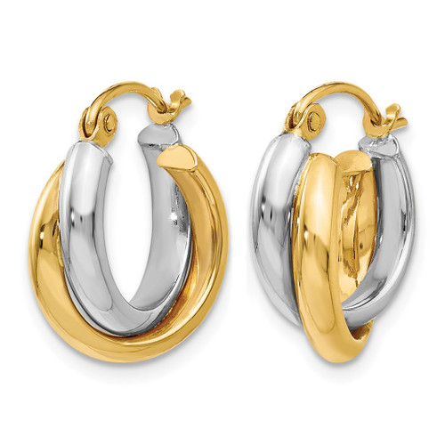 Rhodium-Plated 14K Two-Tone Gold Hollow Polished Double Round Twist Hoop Earrings, 14 mm - View 2