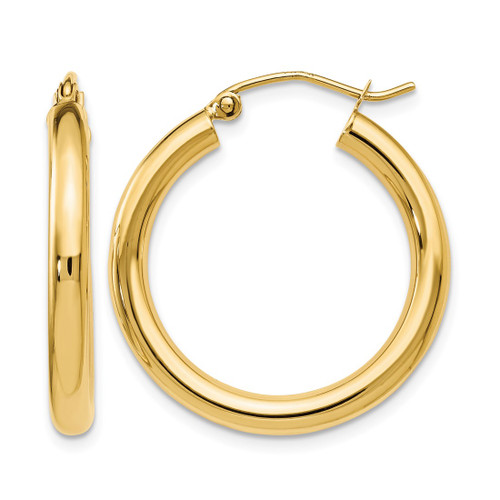 14K Yellow Gold Hollow Polished Hoop Earrings, 25 mm, 3 mm Wide - 85H