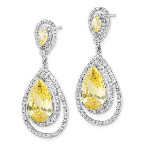 Sterling Silver Rhodium-Plated Double Frame Canary Cubic Zirconia Pear & Cubic Zirconia Dangle Earrings - View 2