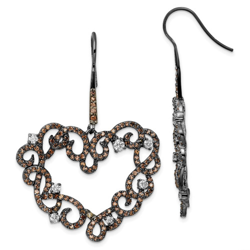 Sterling Silver Black Rhodium-Plated White & Brown Cubic Zirconia Heart Shape Drop French Wire Earrings