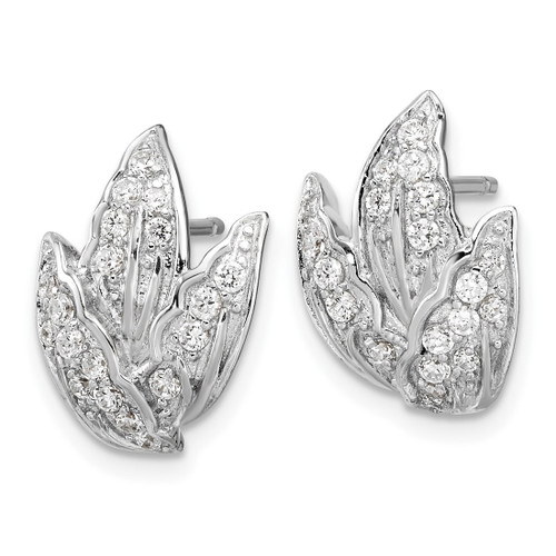 Silver White Cubic Zirconia Leaf Stud Earrings - View 2