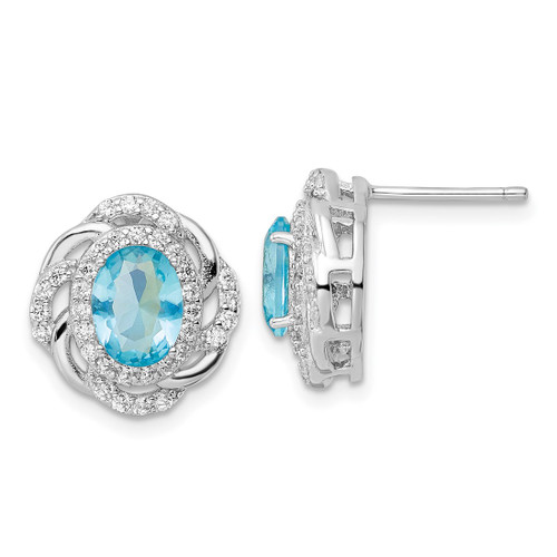 Sterling Silver Rhodium-Plated Post Cubic Zirconia & Glass Oval Blue Stud Earrings