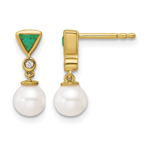 14K Yellow Gold White Round Cultured Freshwater Pearl/Diamond/Trillion Emerald Dangle Earrings