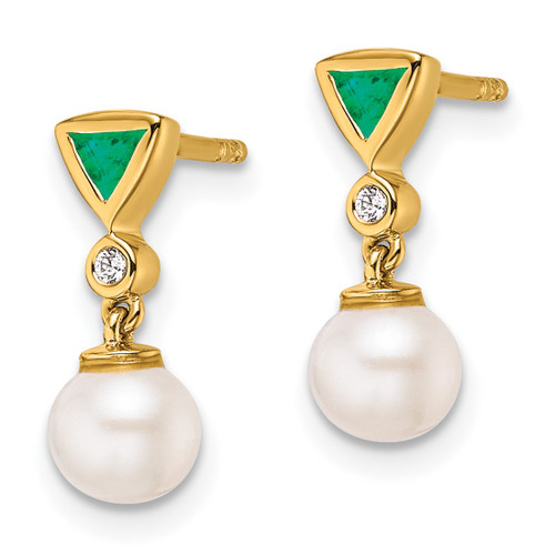 14K Yellow Gold White Round Cultured Freshwater Pearl/Diamond/Trillion Emerald Dangle Earrings - View 2