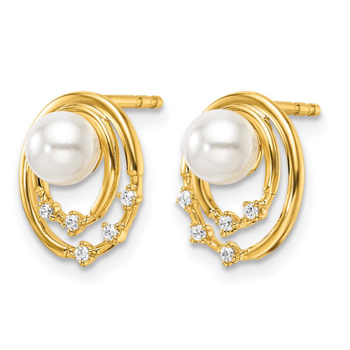 14K Yellow Gold Polished 0.06ct Diamond and White Cultured Freshwater Pearl Ovals Drop Stud Earrings, 12.05 mm - View 2